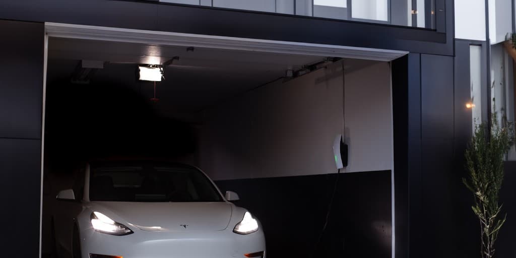 A white electric car parked in a garage with a wall-mounted charger