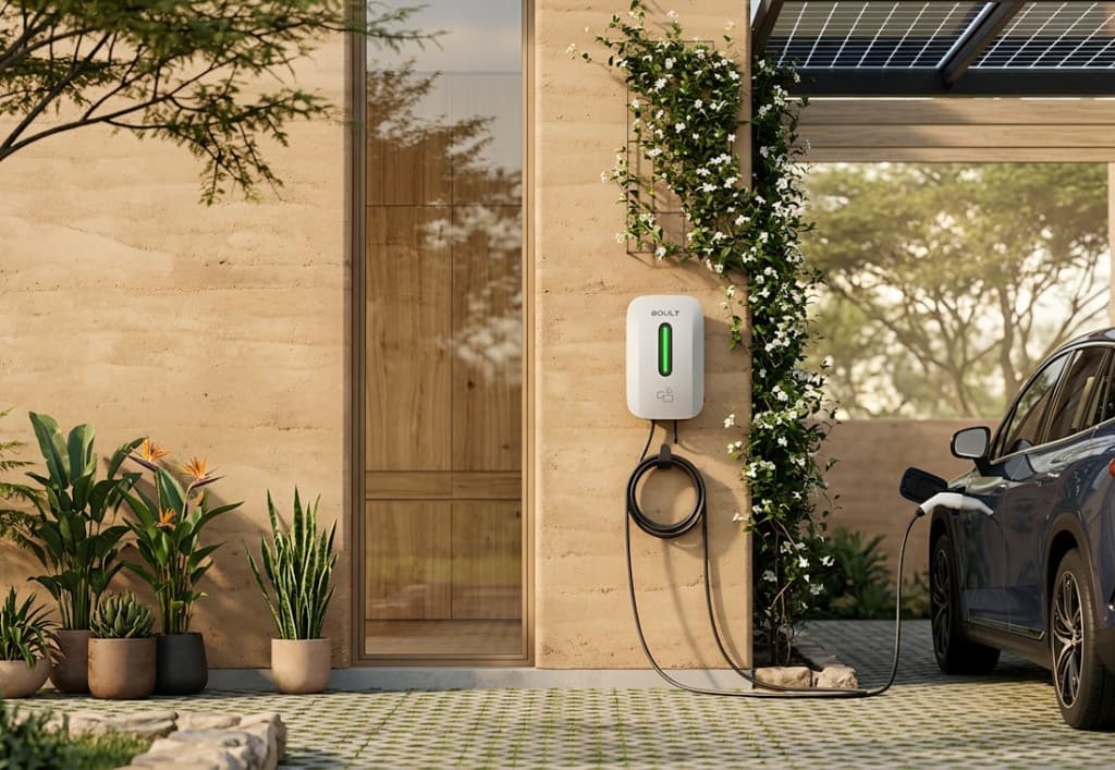 A wall-mounted EV charger plugged into a dark SUV beside a solar pergola